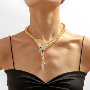 3/$35 Gold Plated Pave Rhinestone Snake Head Lariat Y Necklace Chain Statement